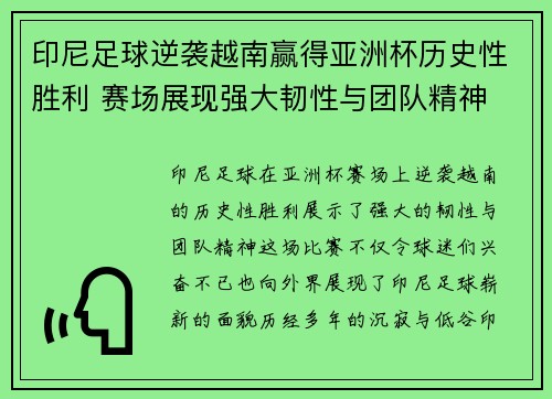 印尼足球逆袭越南赢得亚洲杯历史性胜利 赛场展现强大韧性与团队精神