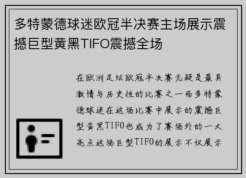 多特蒙德球迷欧冠半决赛主场展示震撼巨型黄黑TIFO震撼全场